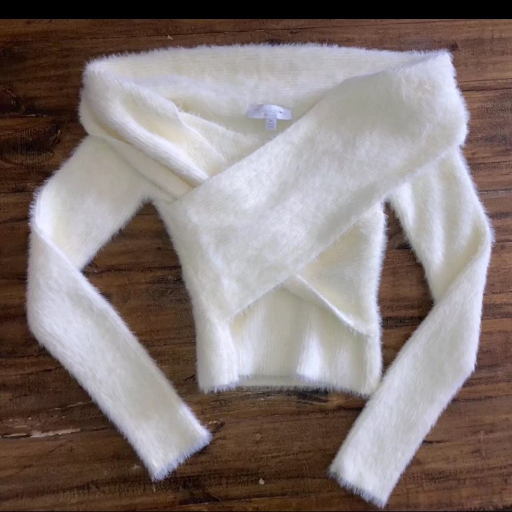 JONATHAN SIMKHAI STANDARD Aiden Fuzzy Knit Off Shoulder Top in Ivory XS $324 - Picture 3 of 6